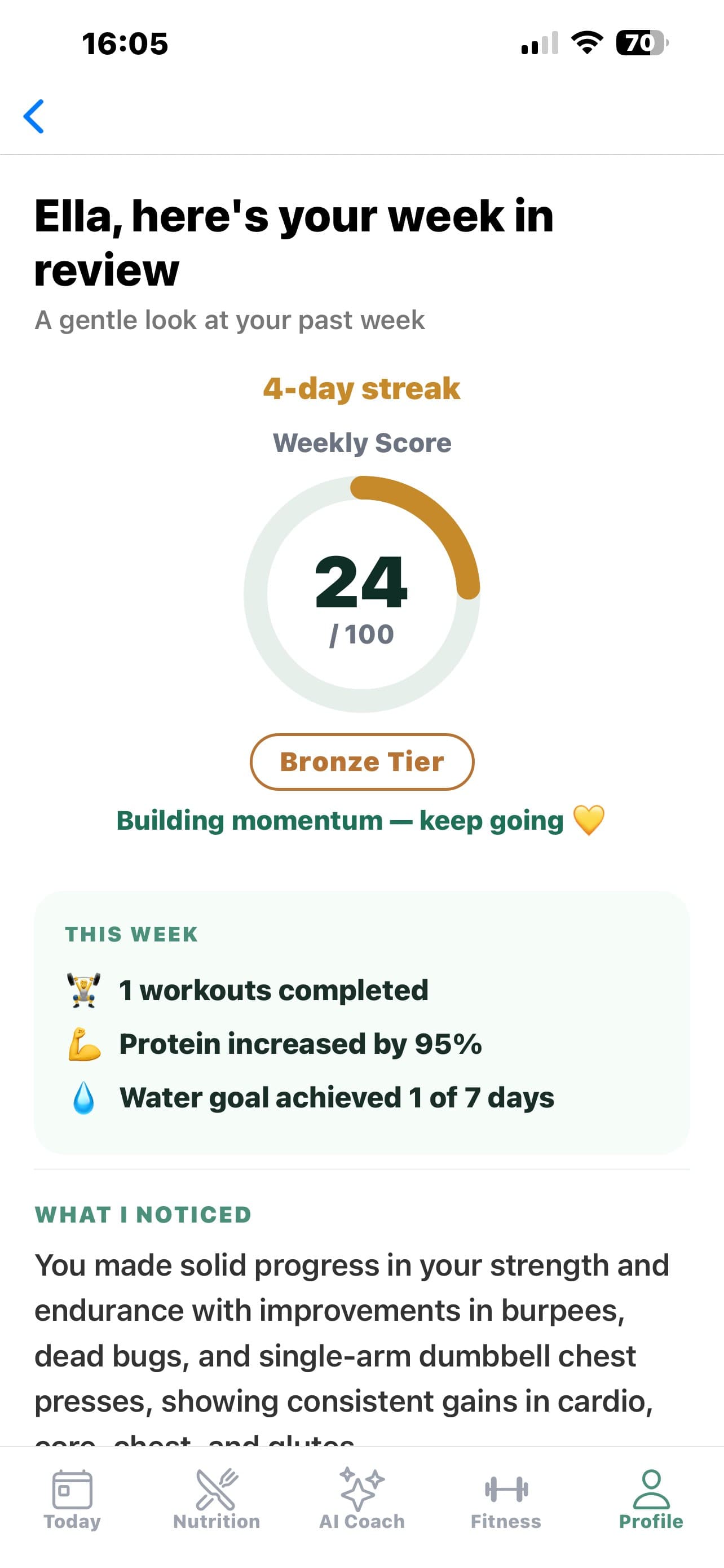 Nutraxis app screenshot: Weekly Reflection